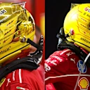 Lewis Hamilton’s gold upgrade for the Singapore Grand Prix (left) was a subtle addition to his usual yellow lid this season (right)